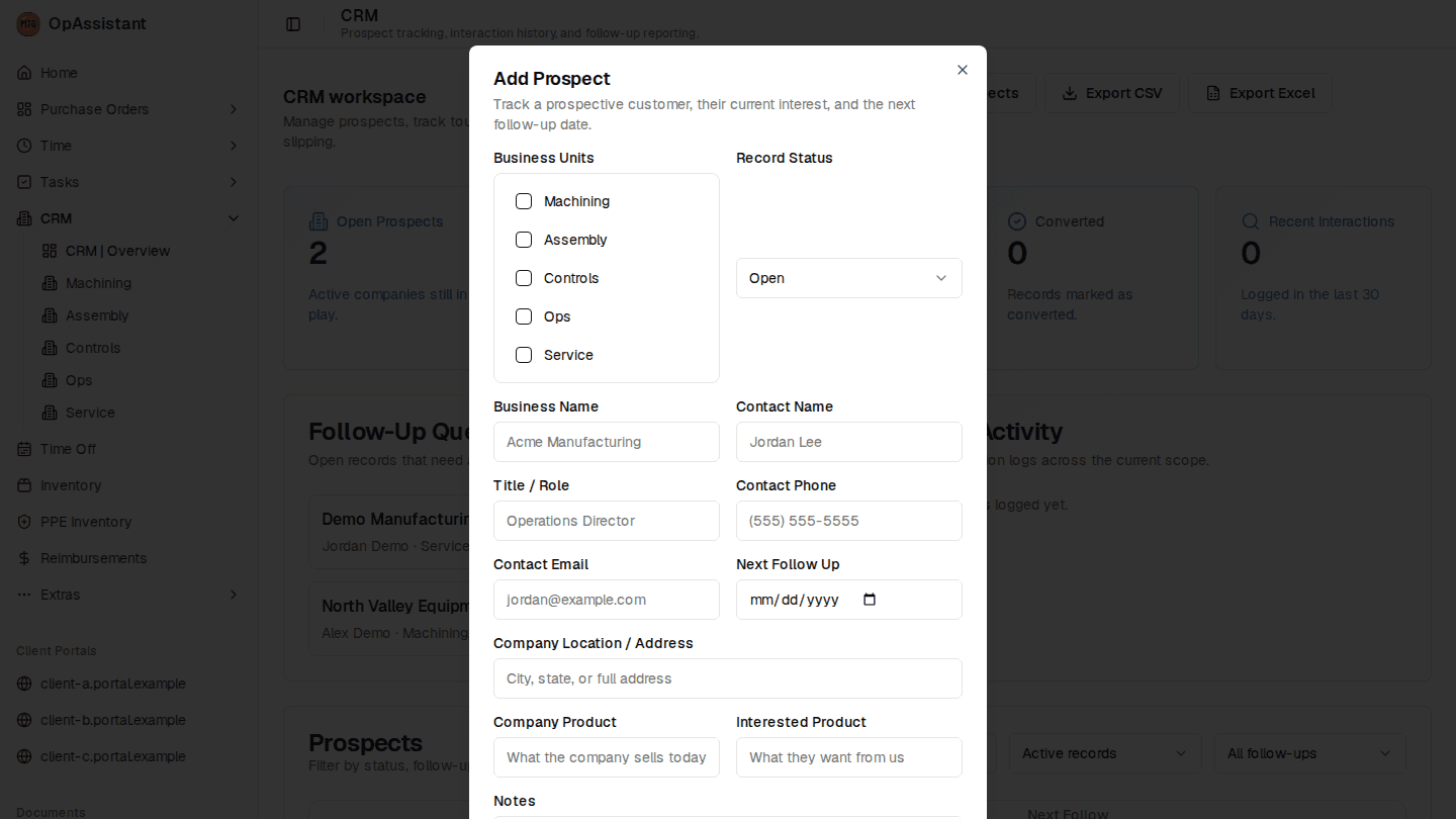 OpAssistant CRM form with prospect fields and business unit status controls