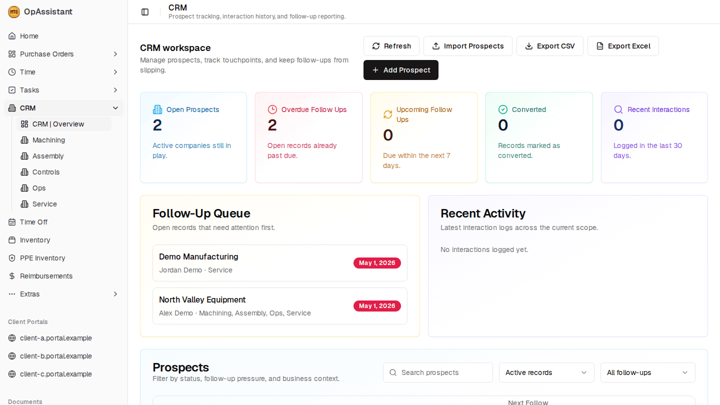 OpAssistant CRM workspace with prospect metrics and follow-up queue