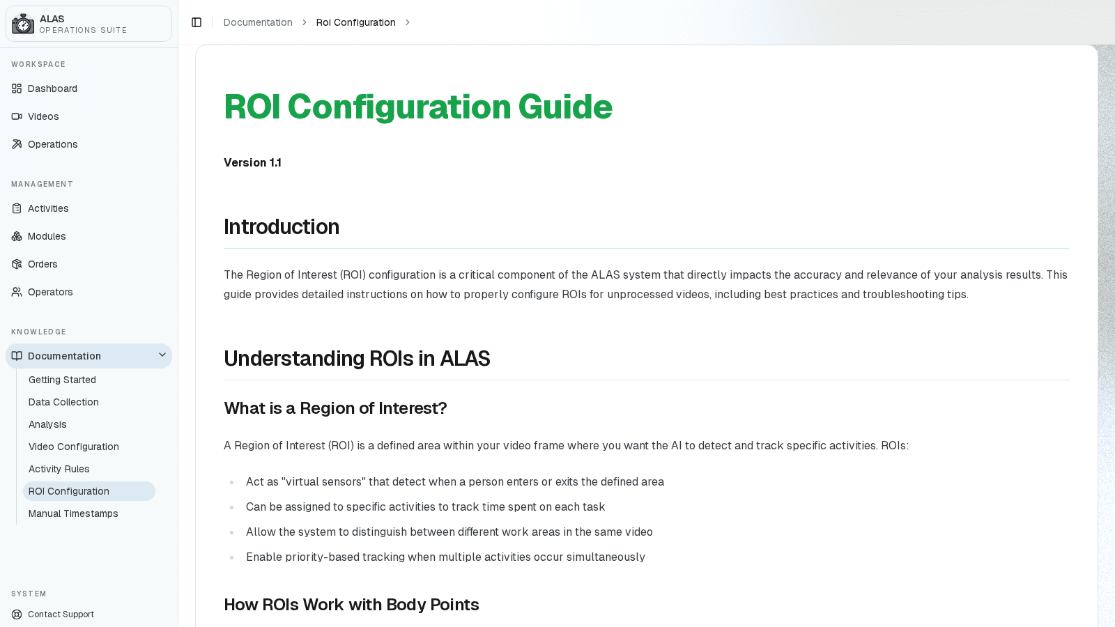 ALAS ROI configuration documentation screen with sidebar navigation and setup guidance