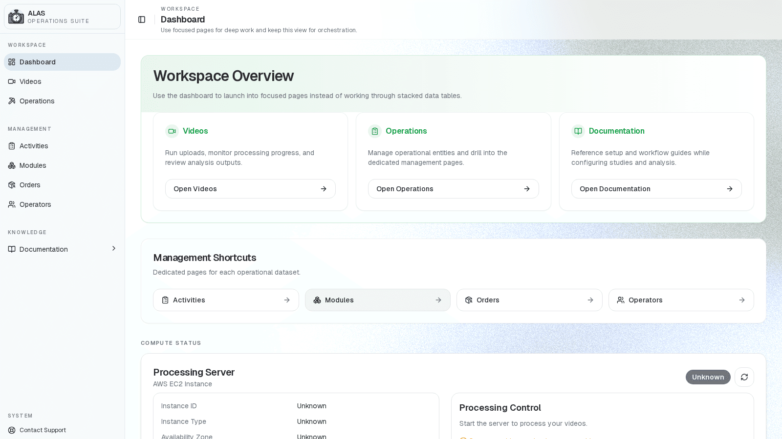 ALAS dashboard with studies and processing status