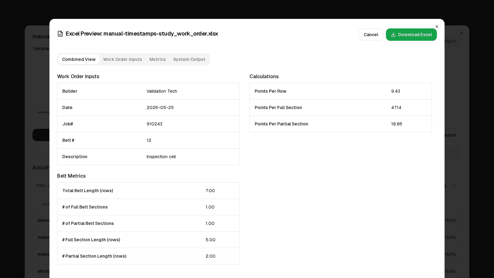 ALAS Excel report preview with work order fields and calculations